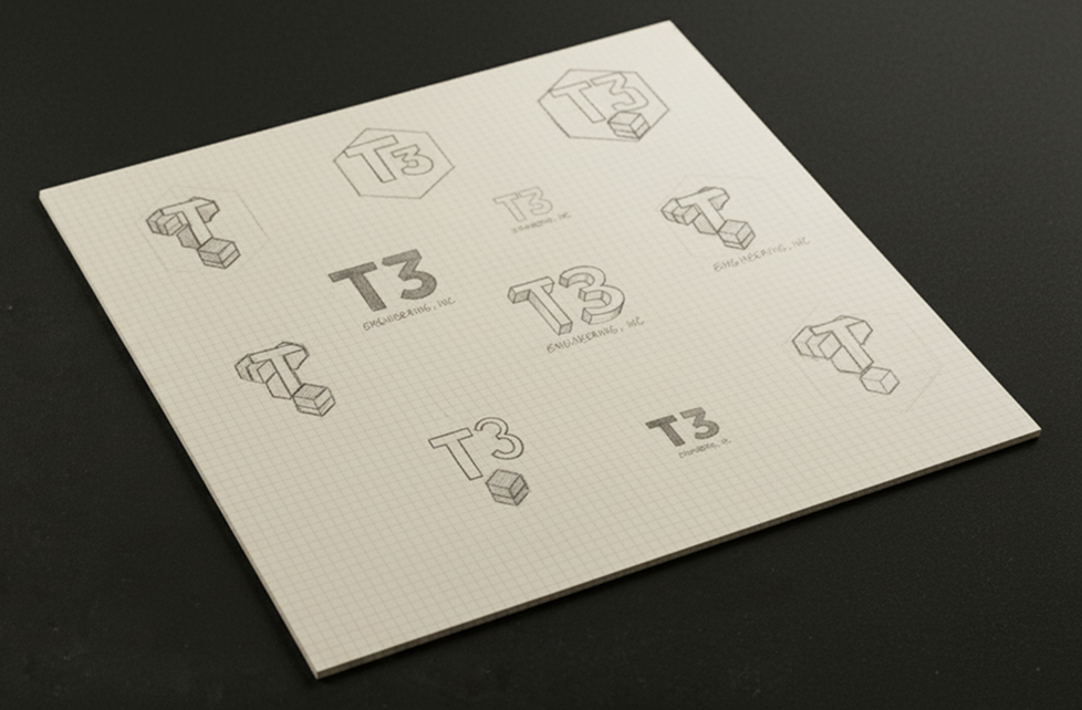 Logo sketch progression for T3 Engineering